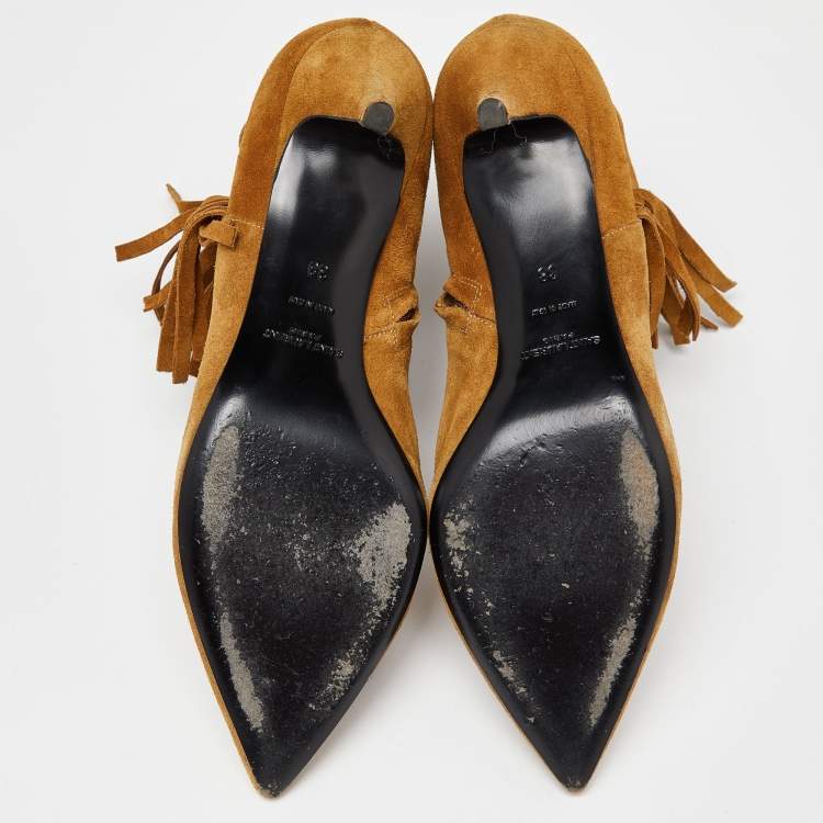 Pre Owned Saint Laurent Brown Suede Pointed Toe Fringe Ankle Boots Size 38