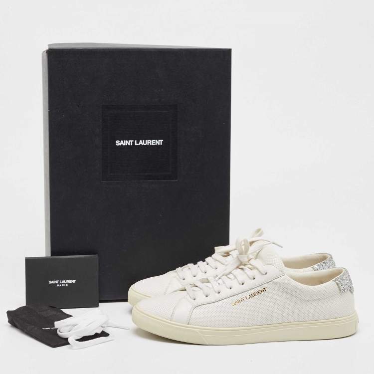 Pre Owned Saint Laurent Silver/White Leather and Glitter Andy Sneakers Size 40