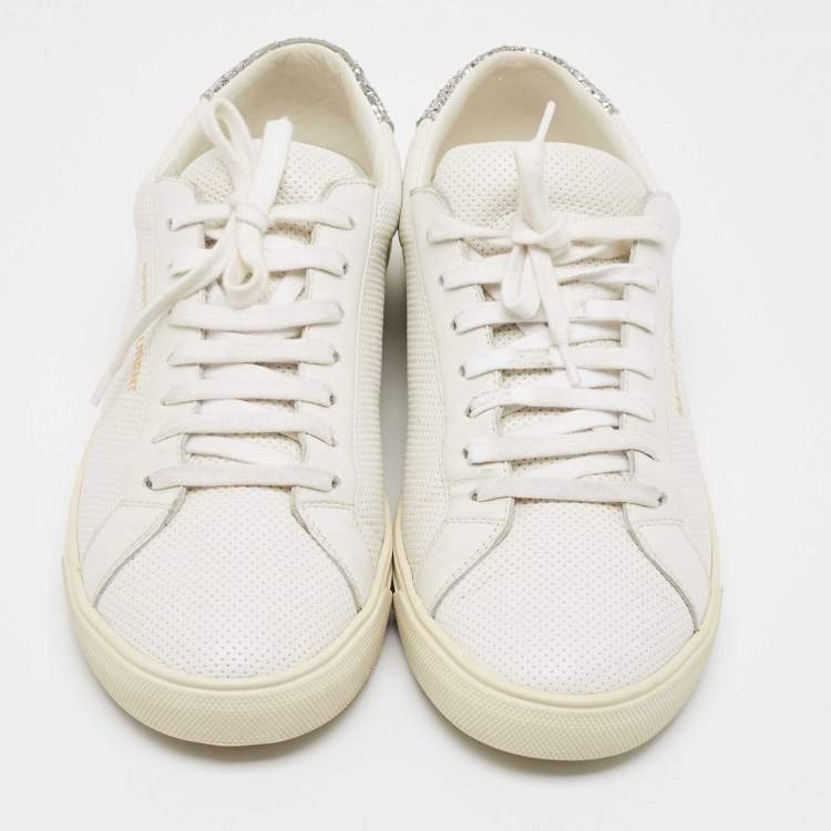 Pre Owned Saint Laurent Silver/White Leather and Glitter Andy Sneakers Size 40