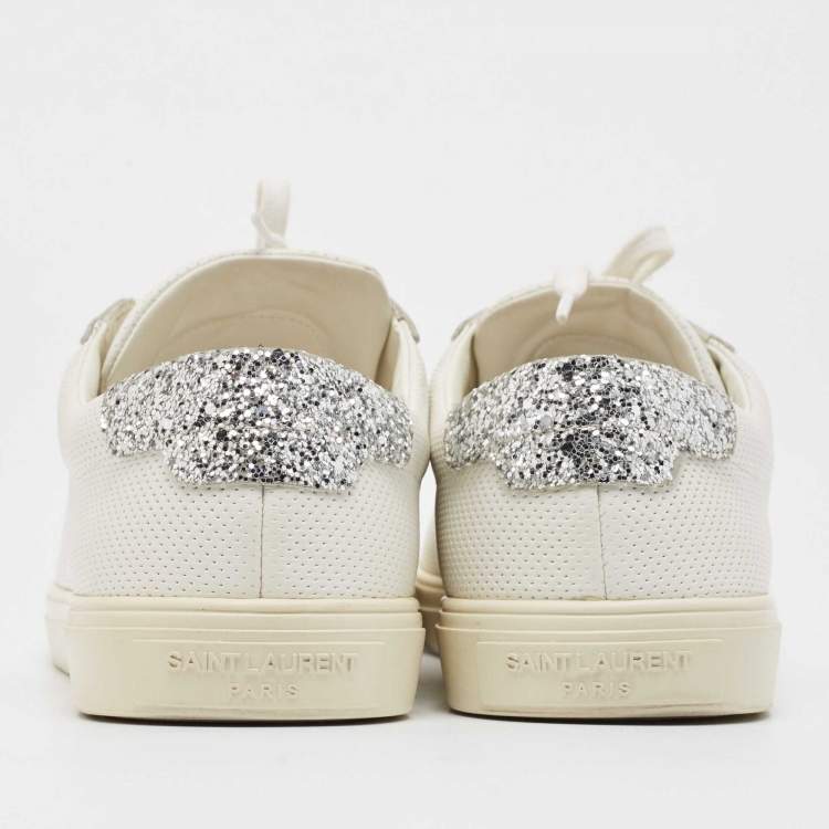Pre Owned Saint Laurent Silver/White Leather and Glitter Andy Sneakers Size 40