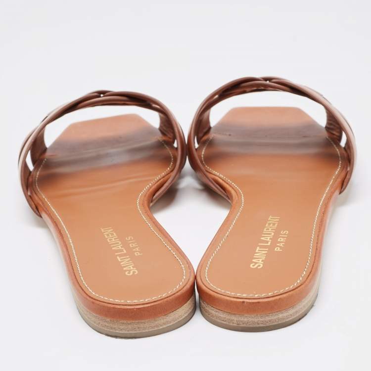 Pre Owned Saint Laurent Brown Leather Tribute Flat Slides Size 37.5