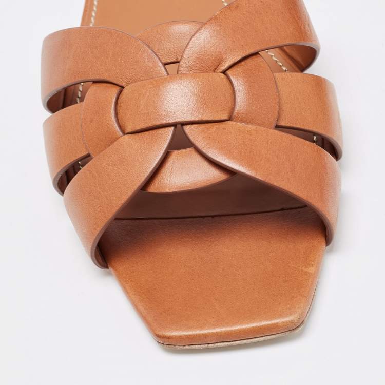 Pre Owned Saint Laurent Brown Leather Tribute Flat Slides Size 37.5