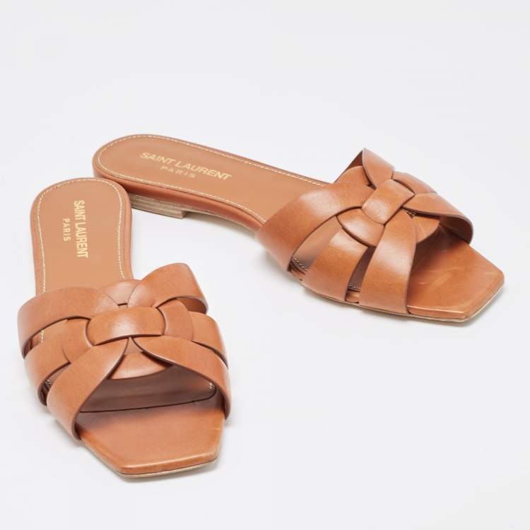 Pre Owned Saint Laurent Brown Leather Tribute Flat Slides Size 37.5