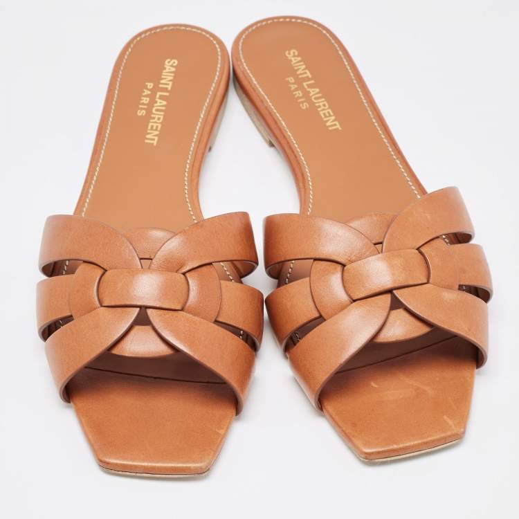 Pre Owned Saint Laurent Brown Leather Tribute Flat Slides Size 37.5