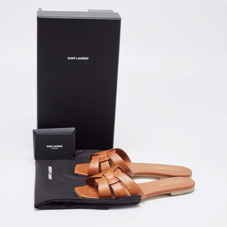 Pre Owned Saint Laurent Brown Leather Tribute Flat Slides Size 37.5