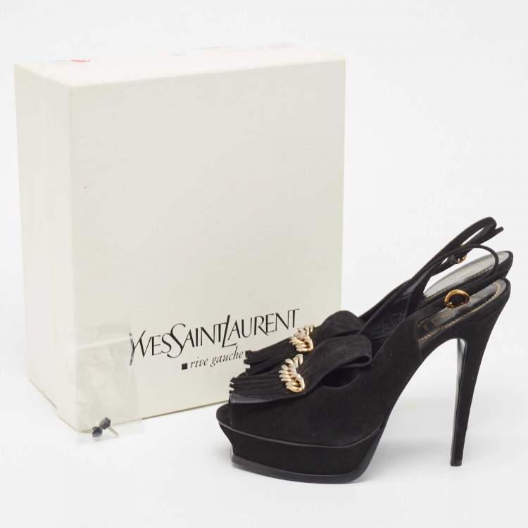Pre Owned Saint Laurent Black Suede Fringe Chain Slingback Sandals Size 41