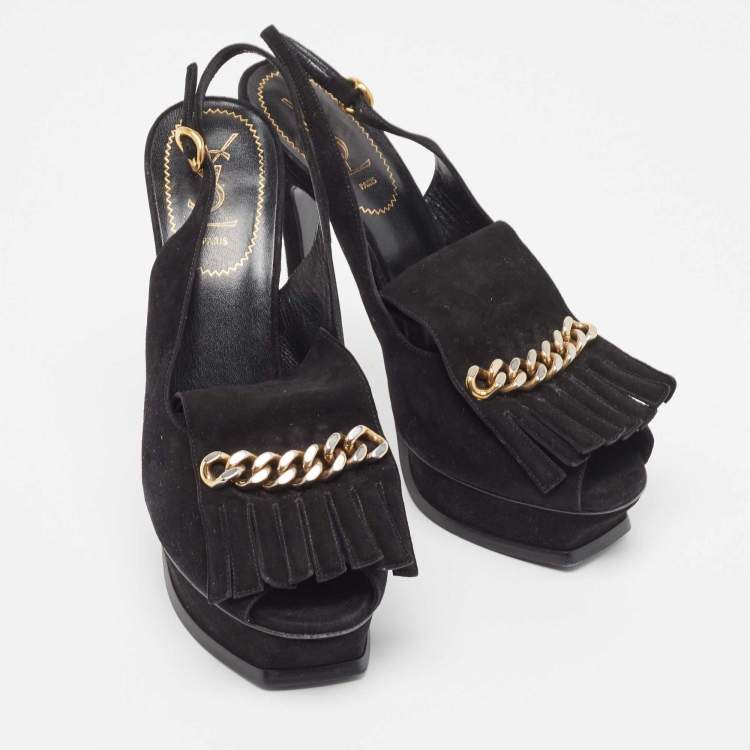Pre Owned Saint Laurent Black Suede Fringe Chain Slingback Sandals Size 41