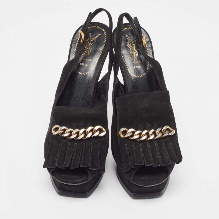 Pre Owned Saint Laurent Black Suede Fringe Chain Slingback Sandals Size 41