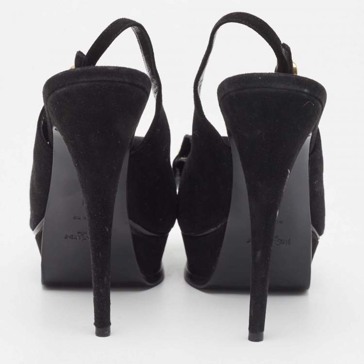 Pre Owned Saint Laurent Black Suede Fringe Chain Slingback Sandals Size 41
