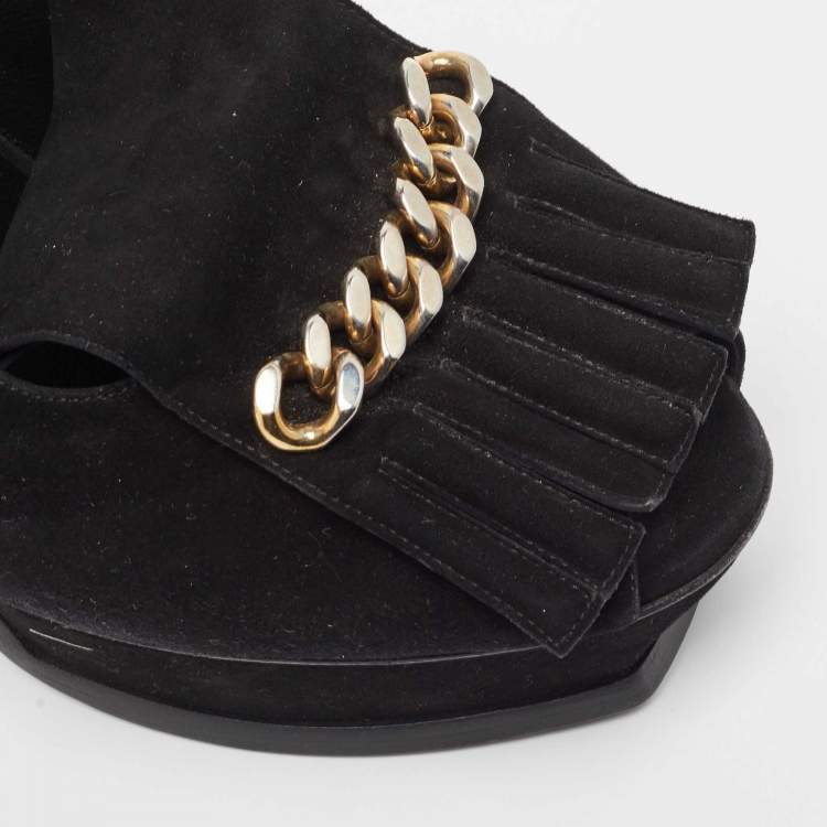Pre Owned Saint Laurent Black Suede Fringe Chain Slingback Sandals Size 41