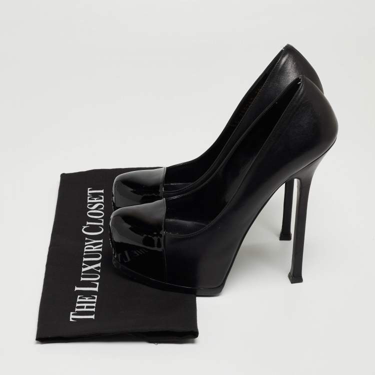 Pre Owned Saint Laurent Black Patent and Leather Tribtoo Platform Pumps Size 38.5