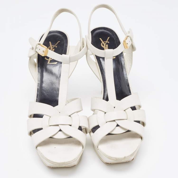 Pre Owned Saint Laurent White Leather Tribute Sandals Size 40.5