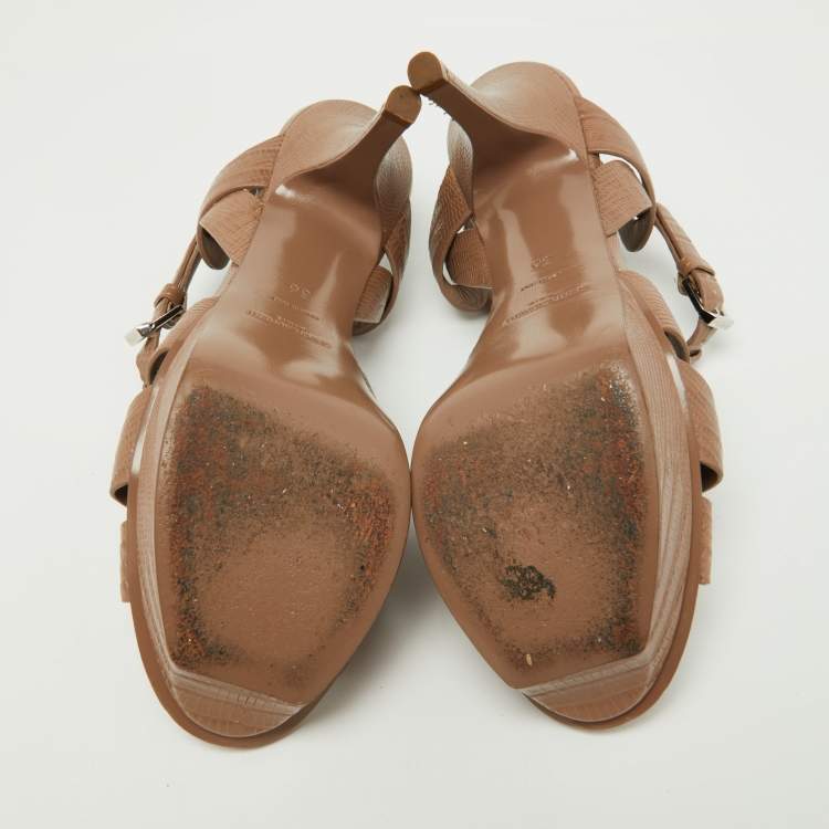مملوكة مسبقًا Saint Laurent Beige Lizard Embossed Leather Tribute Sandals Size 36