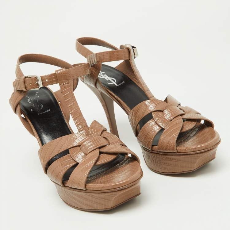 مملوكة مسبقًا Saint Laurent Beige Lizard Embossed Leather Tribute Sandals Size 36