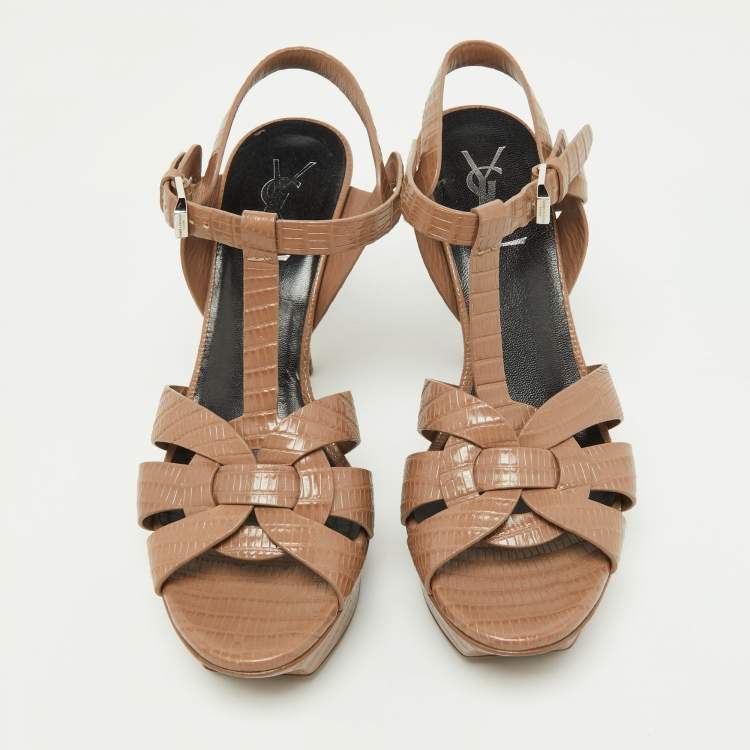 مملوكة مسبقًا Saint Laurent Beige Lizard Embossed Leather Tribute Sandals Size 36