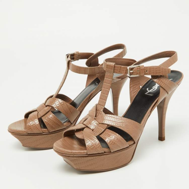مملوكة مسبقًا Saint Laurent Beige Lizard Embossed Leather Tribute Sandals Size 36