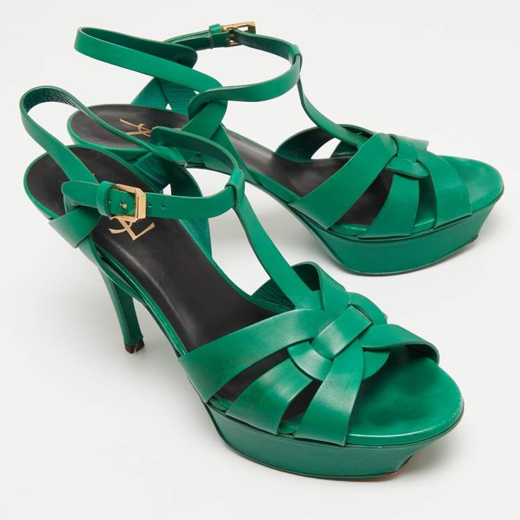 Pre Owned Saint Laurent Green Leather Tribute Ankle Strap Sandals Size 39