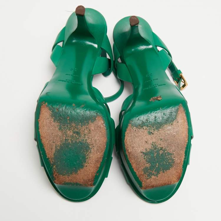 Pre Owned Saint Laurent Green Leather Tribute Ankle Strap Sandals Size 39