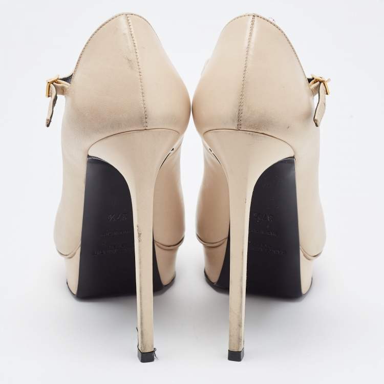 Pre Owned Saint Laurent Beige Leather Janis Mary Jane Pumps Size 37.5