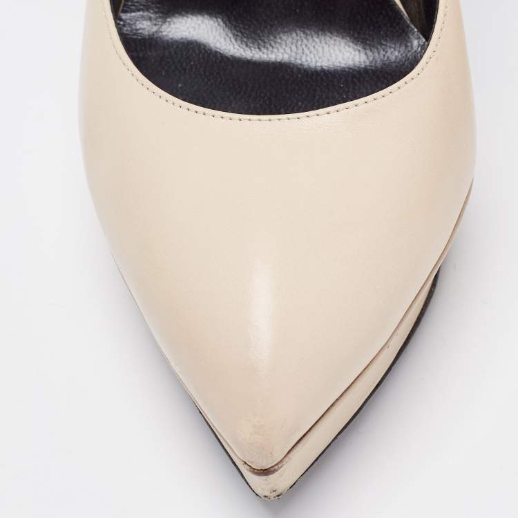 Pre Owned Saint Laurent Beige Leather Janis Mary Jane Pumps Size 37.5