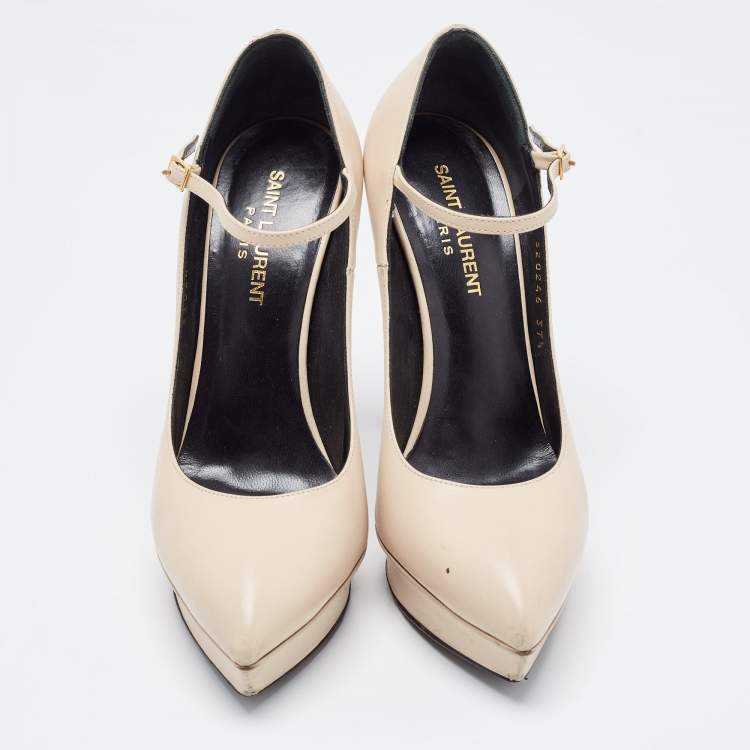 Pre Owned Saint Laurent Beige Leather Janis Mary Jane Pumps Size 37.5