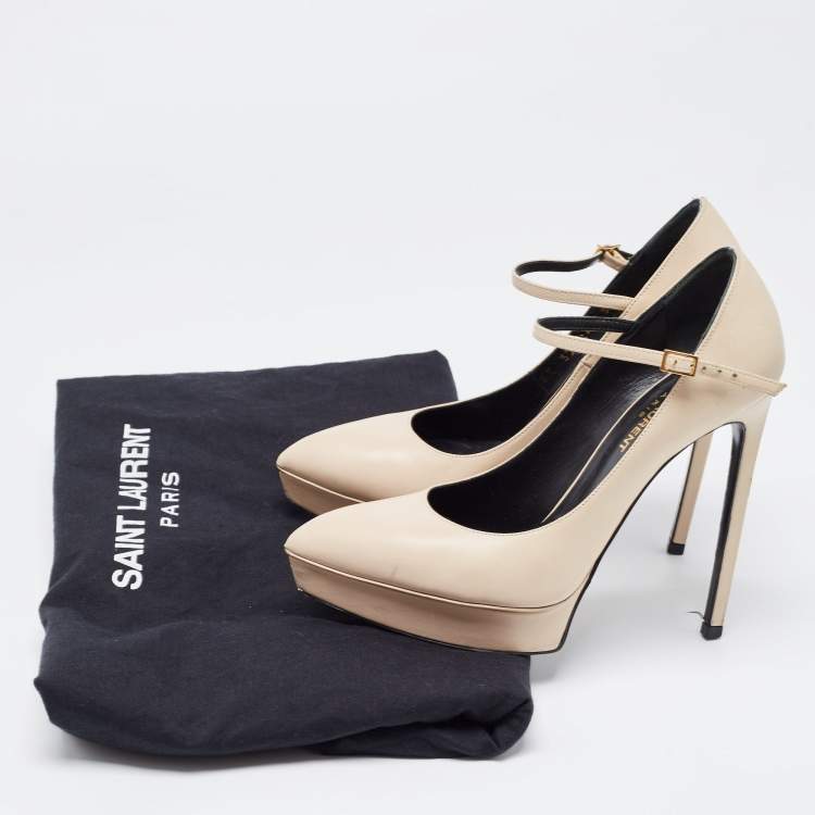 Pre Owned Saint Laurent Beige Leather Janis Mary Jane Pumps Size 37.5