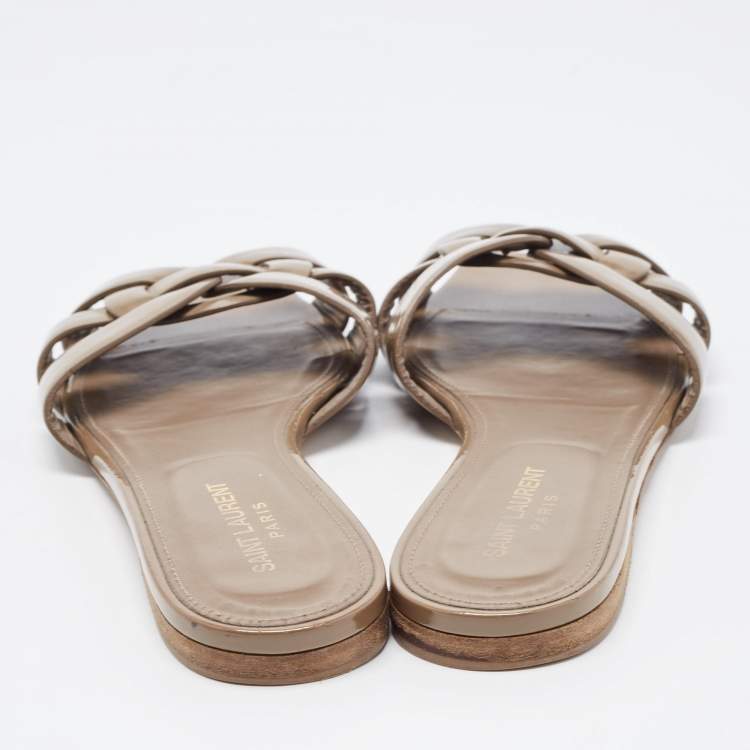 Pre Owned Saint Laurent Brown Patent Leather Tribute Flat Slides Size 40