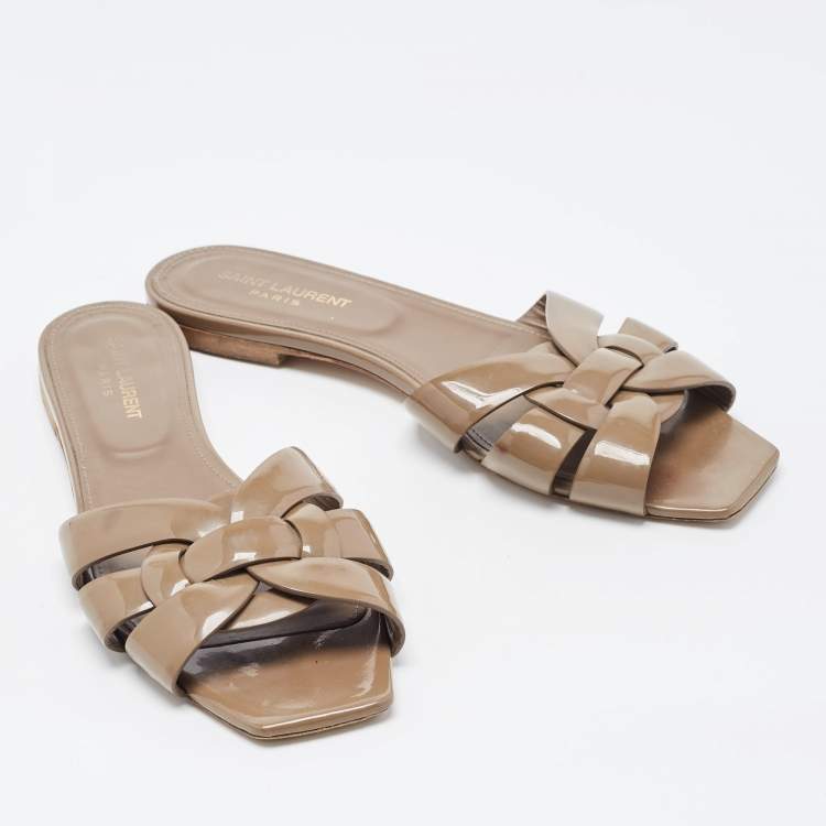 Pre Owned Saint Laurent Brown Patent Leather Tribute Flat Slides Size 40