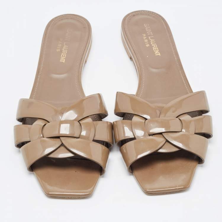 Pre Owned Saint Laurent Brown Patent Leather Tribute Flat Slides Size 40