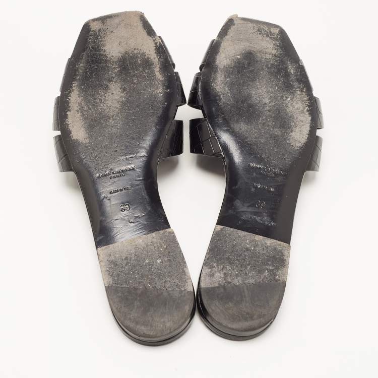 Pre Owned Saint Laurent Black Croc Embossed Leather Tribute Flat Slides Size 39