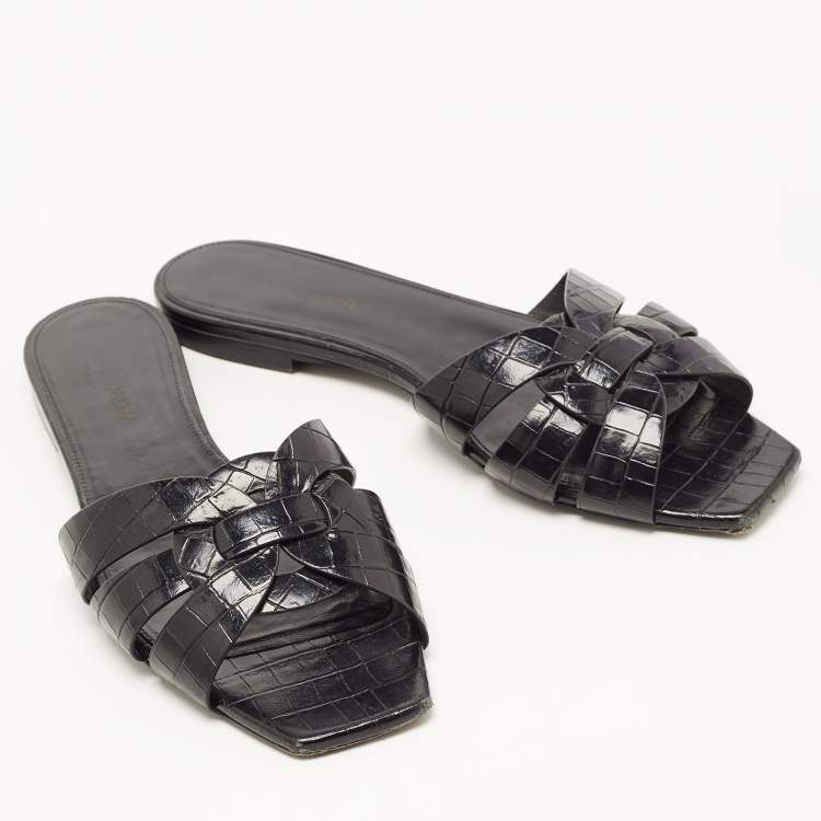 Pre Owned Saint Laurent Black Croc Embossed Leather Tribute Flat Slides Size 39