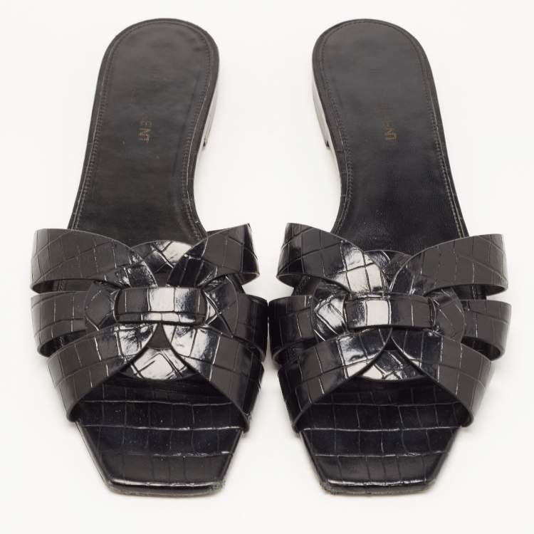 Pre Owned Saint Laurent Black Croc Embossed Leather Tribute Flat Slides Size 39