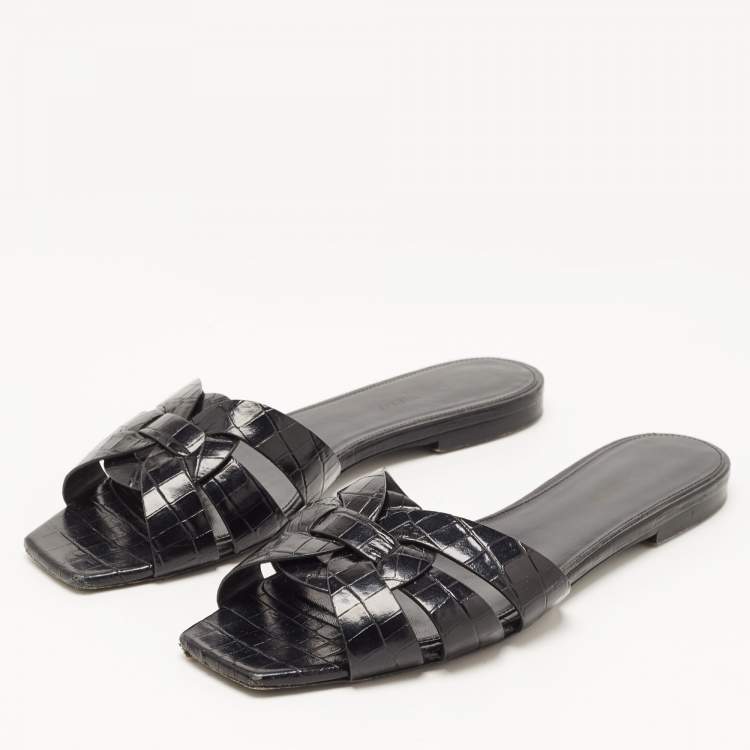 Pre Owned Saint Laurent Black Croc Embossed Leather Tribute Flat Slides Size 39