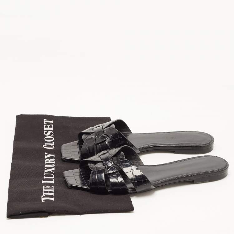 Pre Owned Saint Laurent Black Croc Embossed Leather Tribute Flat Slides Size 39