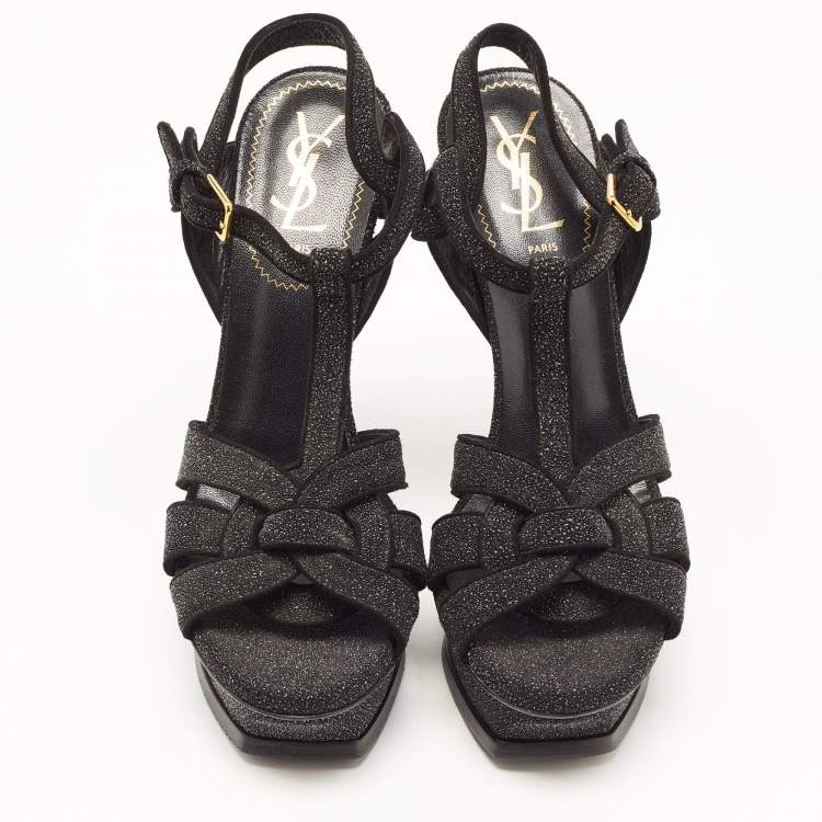 Pre Owned Saint Laurent Black Textured Suede Tribute Sandals Size 38.5