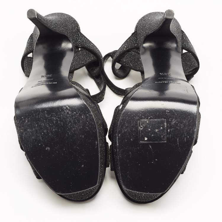 Pre Owned Saint Laurent Black Textured Suede Tribute Sandals Size 38.5