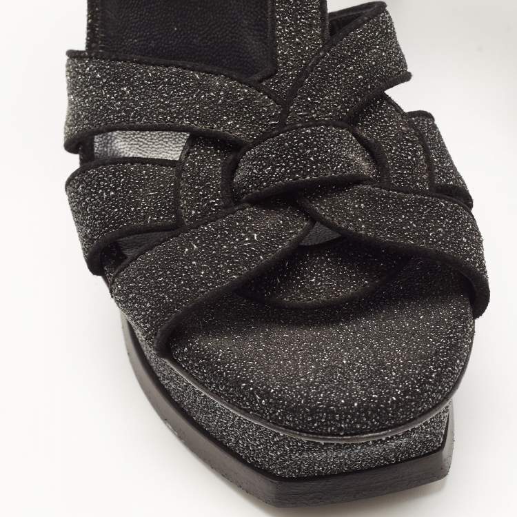 Pre Owned Saint Laurent Black Textured Suede Tribute Sandals Size 38.5