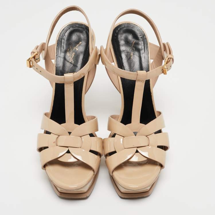 Pre Owned Saint Laurent Paris Beige Patent Leather Tribute Platform Ankle Strap Sandals Size 38
