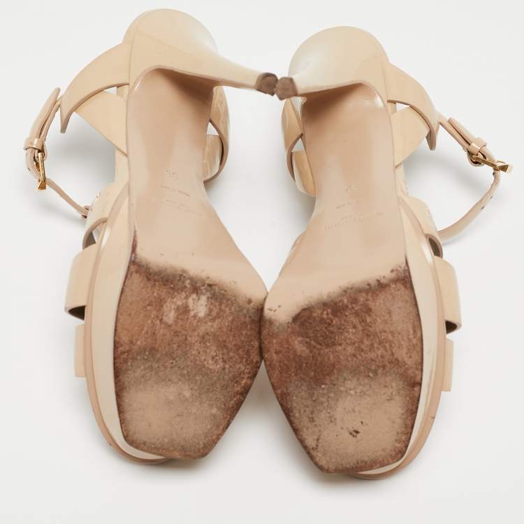 Pre Owned Saint Laurent Paris Beige Patent Leather Tribute Platform Ankle Strap Sandals Size 38