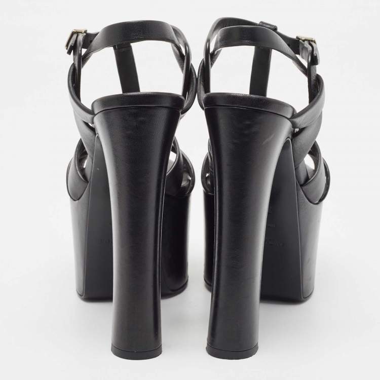 Pre Owned Saint Laurent Black Leather Platform Block Heel Ankle Strap Tribute Sandals Size 38.5