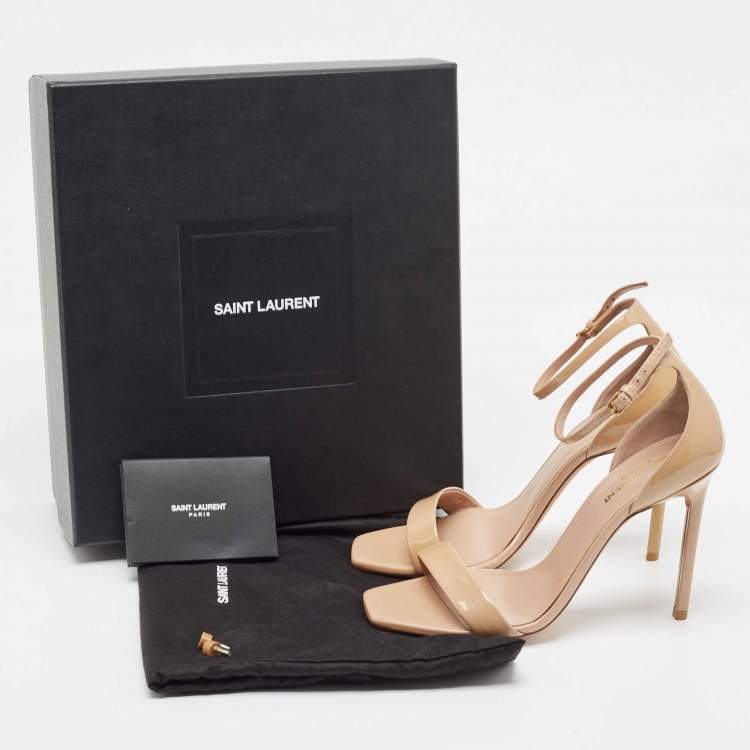 Pre Owned Saint Laurent Paris Beige Patent Leather Jane Ankle Strap Sandals Size 39