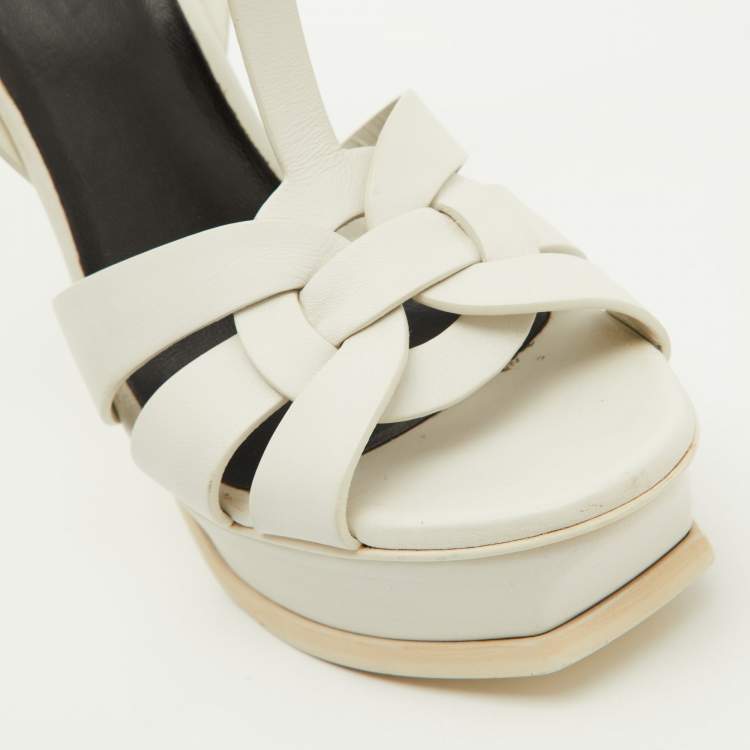 Pre Owned Saint Laurent Off White Leather Tribute Ankle Strap Sandals Size 38