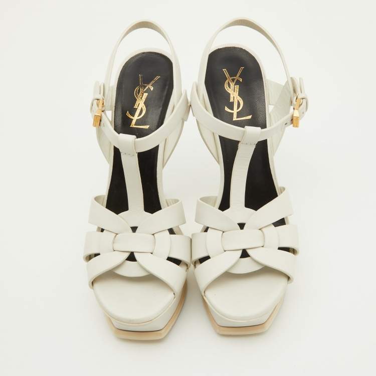 Pre Owned Saint Laurent Off White Leather Tribute Ankle Strap Sandals Size 38