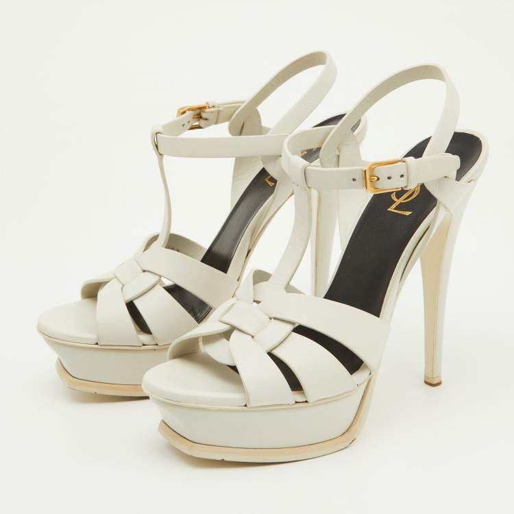 Pre Owned Saint Laurent Off White Leather Tribute Ankle Strap Sandals Size 38