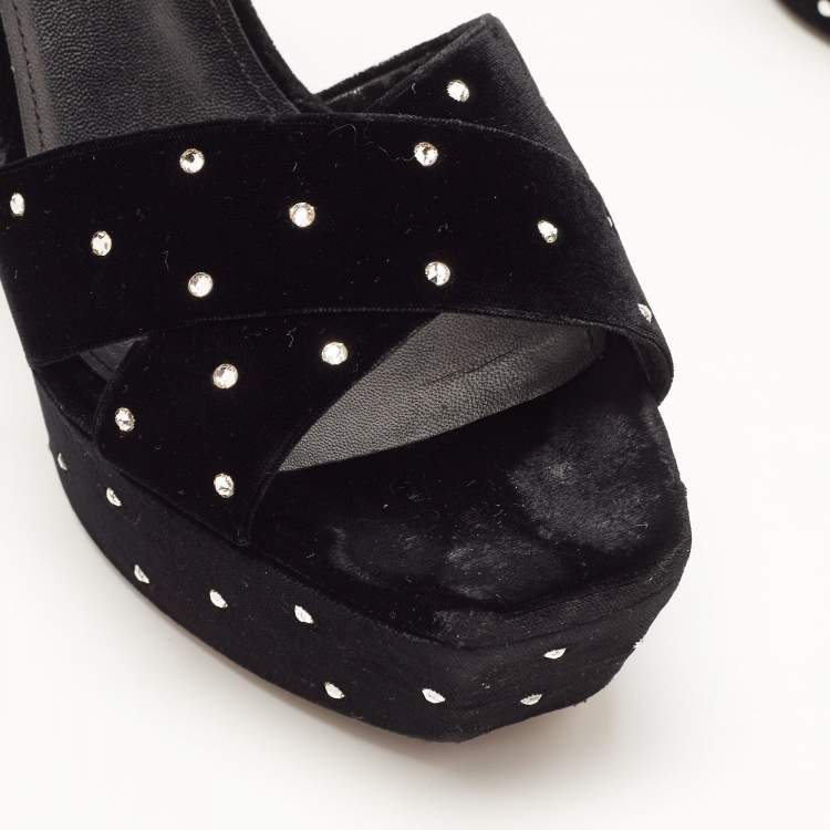 Pre Owned Saint Laurent Black Crystal Embellished Velvet Farrah Sandals Size 40