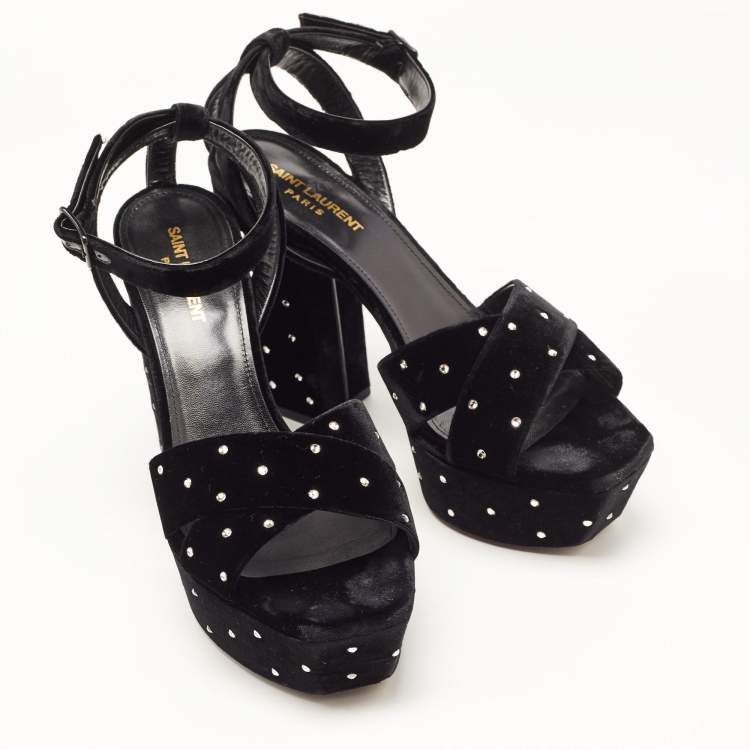 Pre Owned Saint Laurent Black Crystal Embellished Velvet Farrah Sandals Size 40