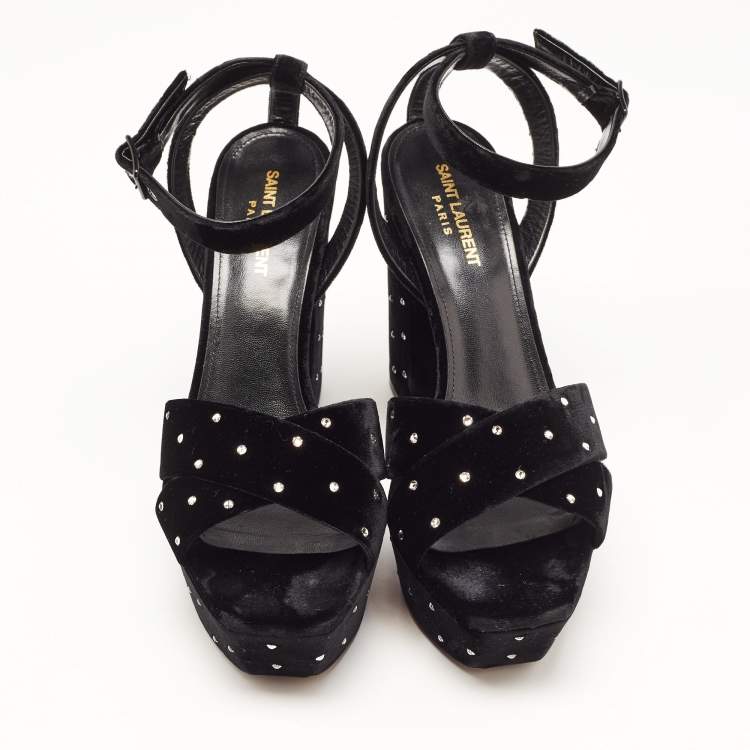 Pre Owned Saint Laurent Black Crystal Embellished Velvet Farrah Sandals Size 40