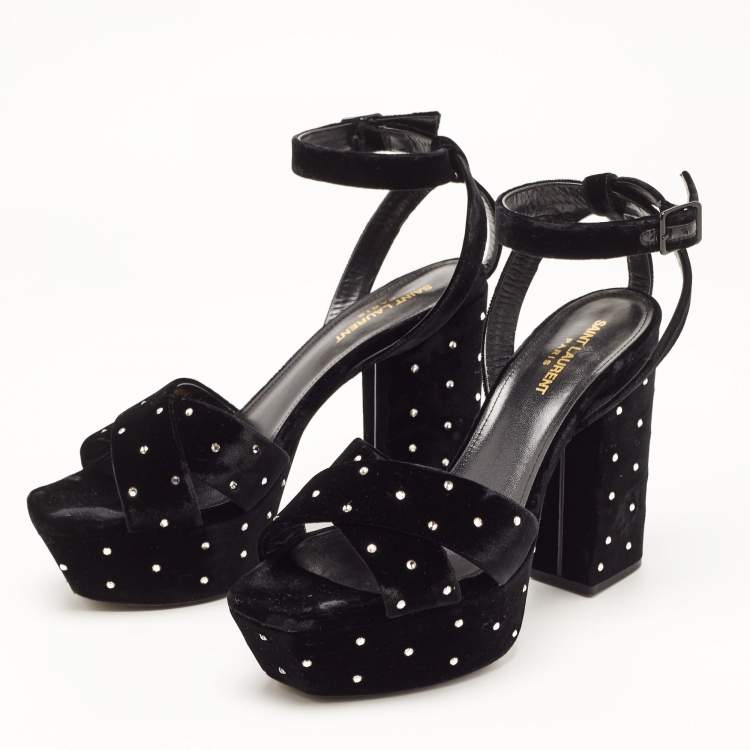 Pre Owned Saint Laurent Black Crystal Embellished Velvet Farrah Sandals Size 40