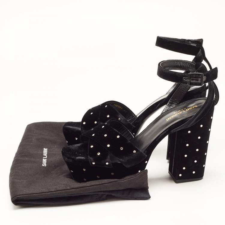 Pre Owned Saint Laurent Black Crystal Embellished Velvet Farrah Sandals Size 40