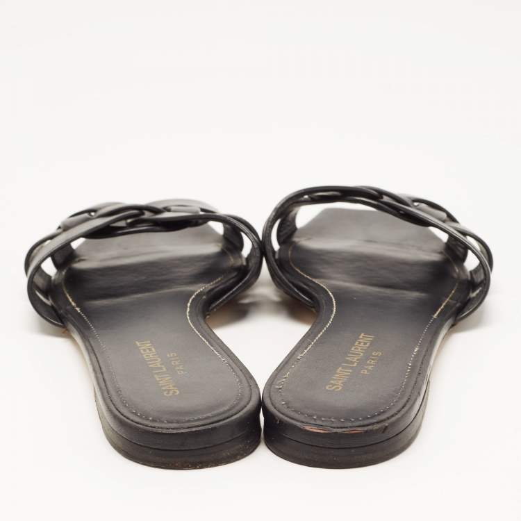 Pre Owned Saint Laurent Black Leather Tribute Flat Slides Size 39